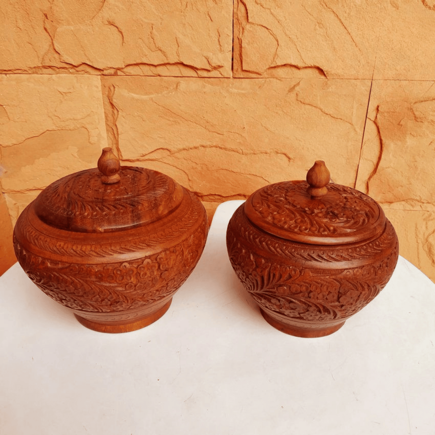 Hand Carved Candy Jar Pair Home Decor