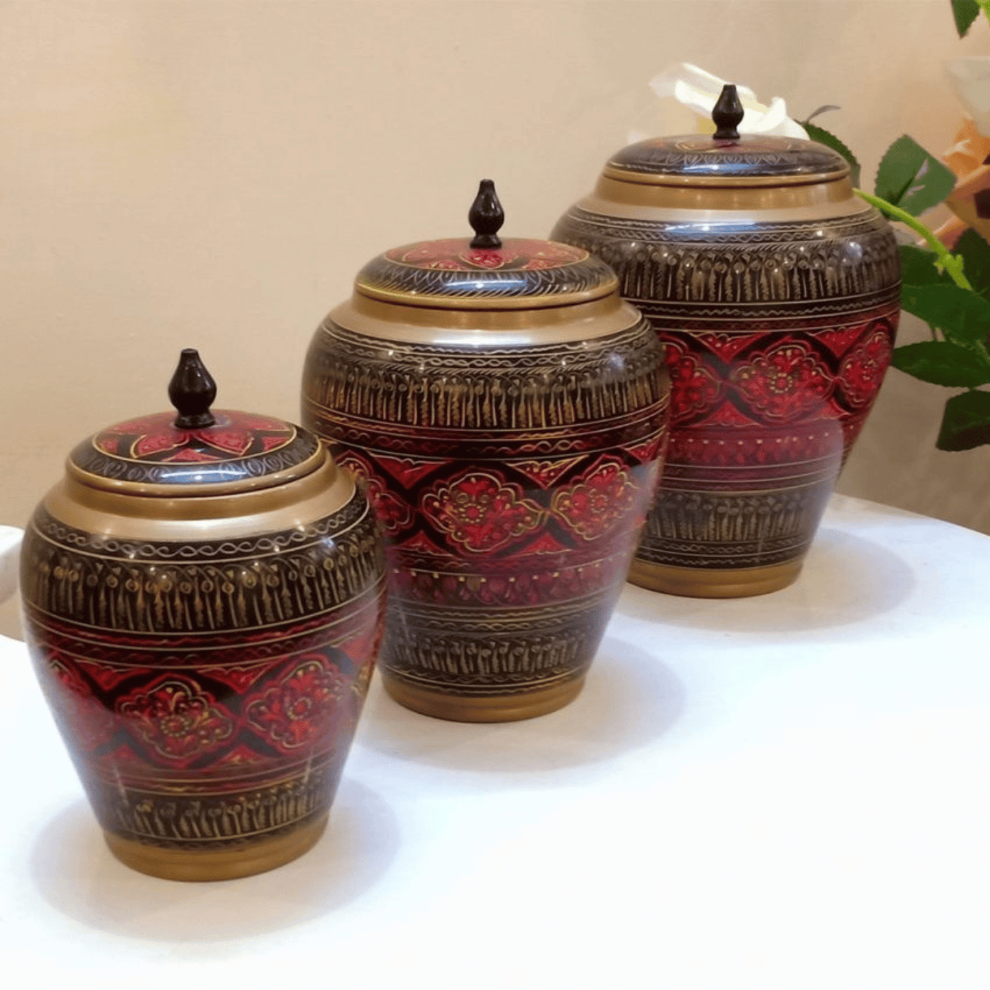 Set Of 3 Wooden Candy Jar With Beautiful Lacquer Art