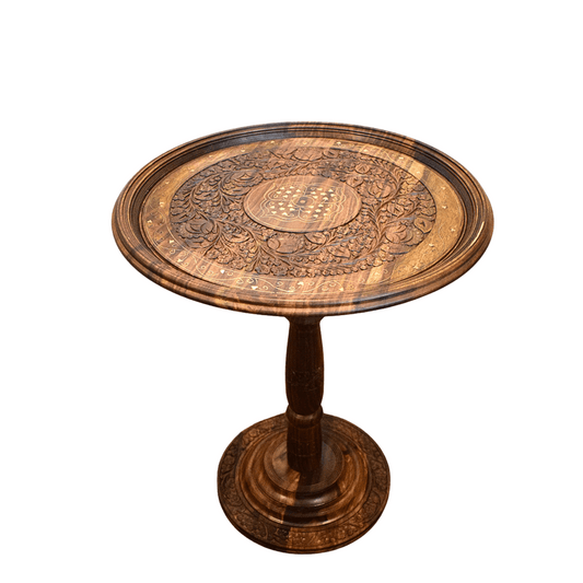Hand-Carved Wooden Round Coffee Table with Intricate Brass Inlay – Classic Mughal Design