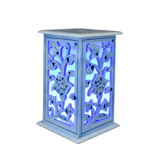 White Wooden Side Table Lamp Blue Light