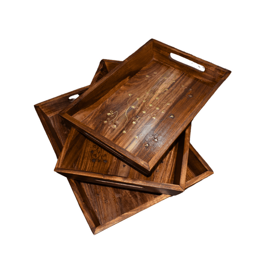 Wooden Tray Set of 3 with Brass Work
