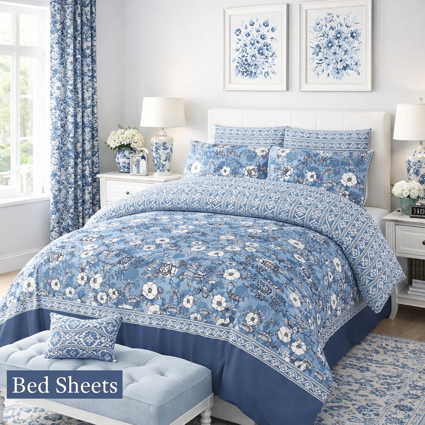 Blue printed 100% Cotton Luxury Printed Flat Bedsheet – Soft, Elegant & Timeless - Trendy Pakistan