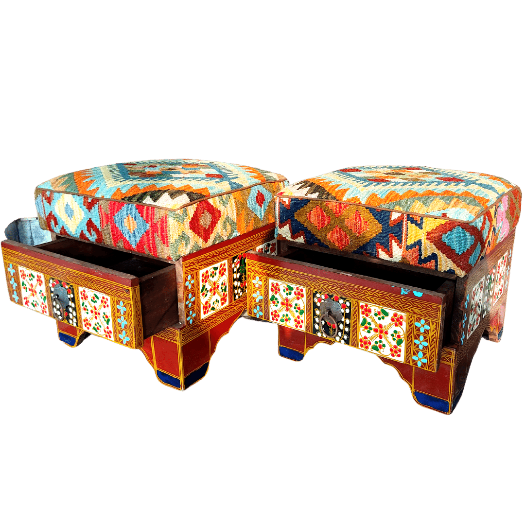 Ottoman Set with kilim fitting With Drawer Handmade Furniture
