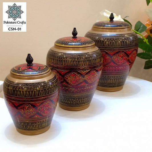 Set Of 3 Wooden Candy Jar With Beautiful Lacquer Art