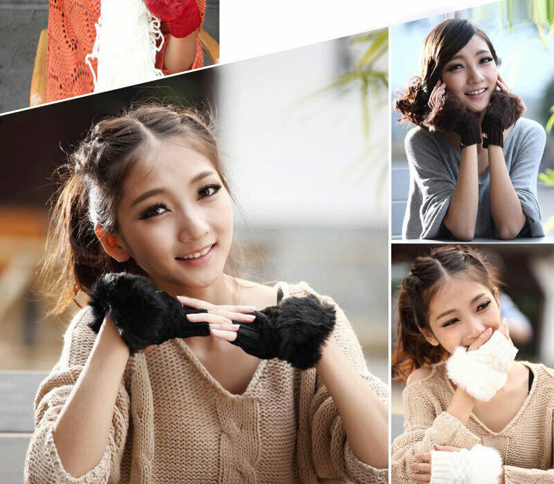 Women Fingerless Gloves Winter Faux Fur Mittens Knitted Soft Warm Thermal by Trendy
