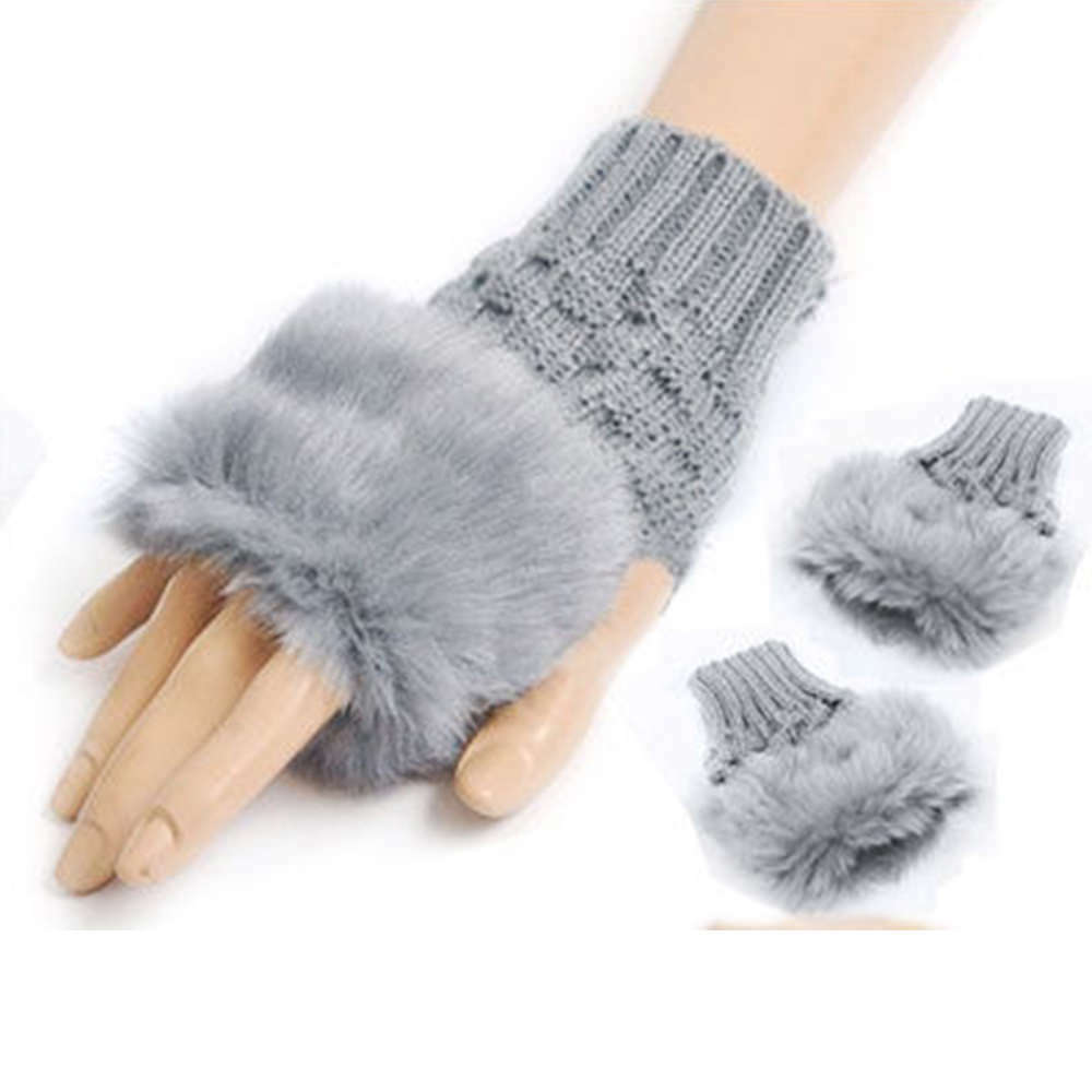 Women Fingerless Gloves Winter Faux Fur Mittens Knitted Soft Warm Thermal by Trendy