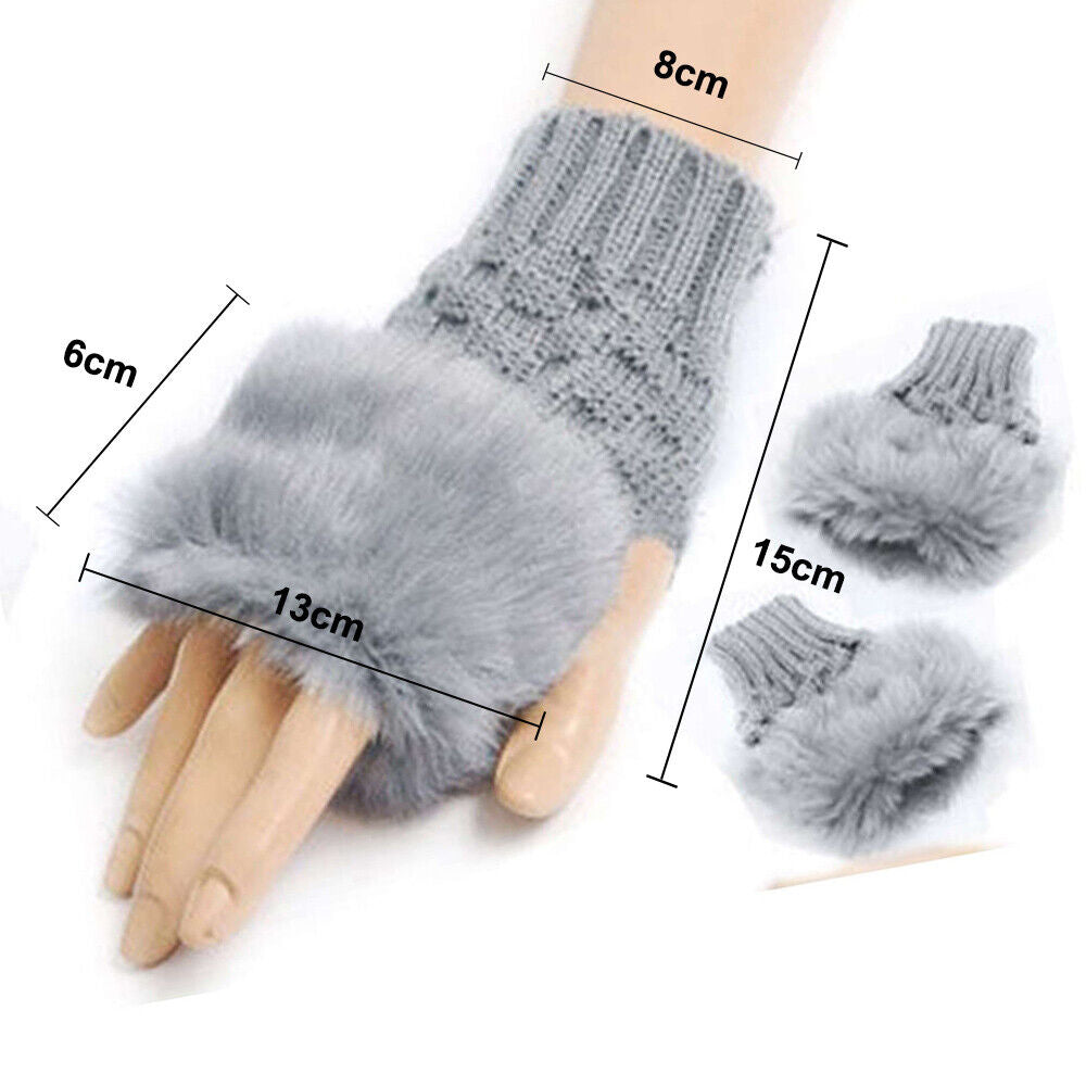 Women Fingerless Gloves Winter Faux Fur Mittens Knitted Soft Warm Thermal by Trendy