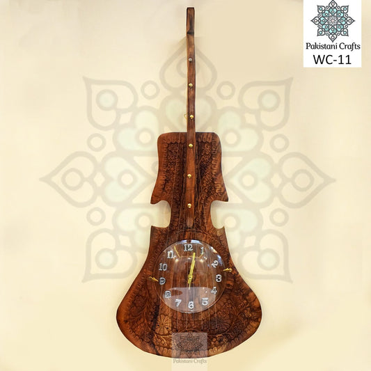 Hand Crafted Wooden Carving Wall Guitar Clock
