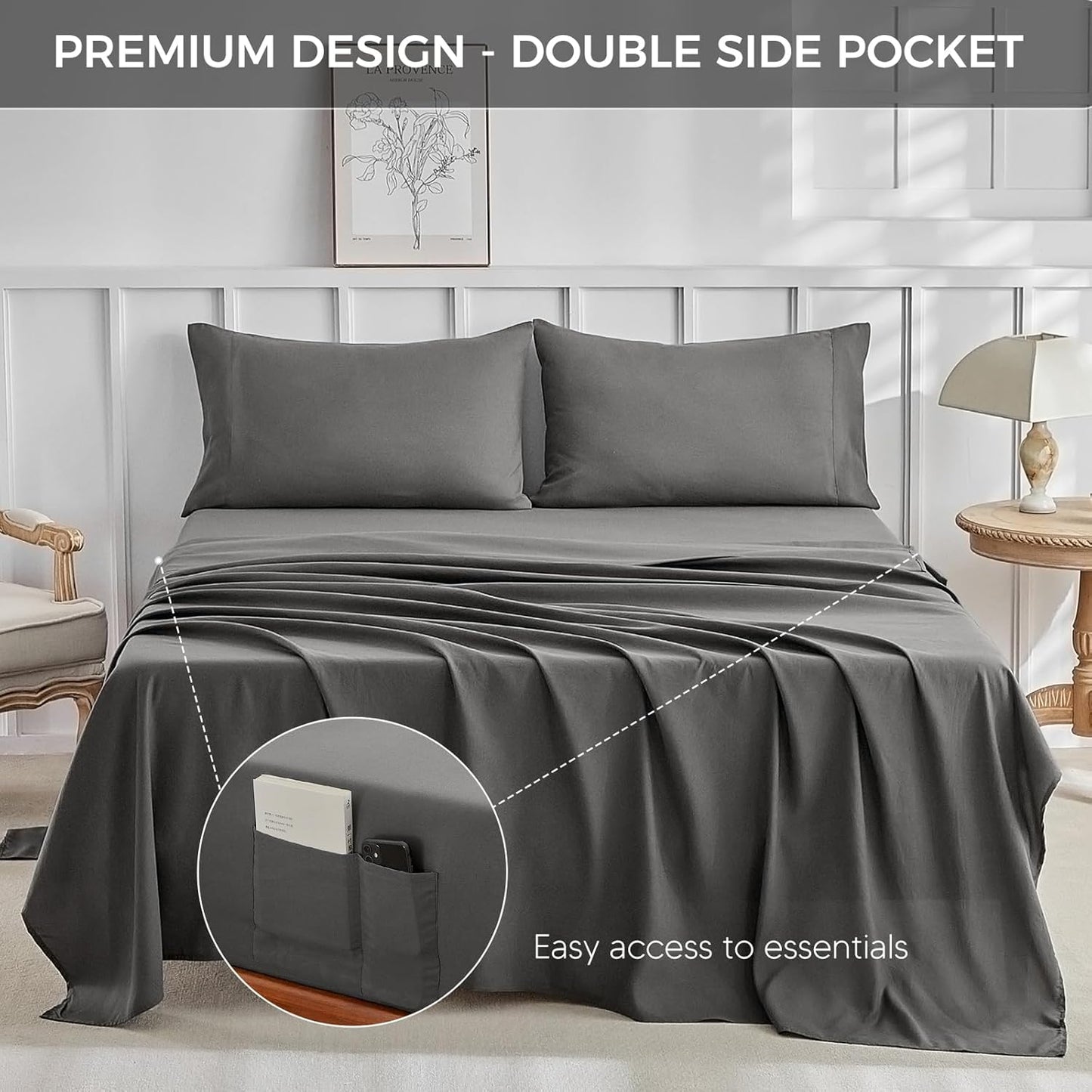 Luxury Hotel Collection 4-Piece Full Sheet Set – Ultra-Soft Microfiber, Extra Deep Pocket with Side Pockets (Grey)