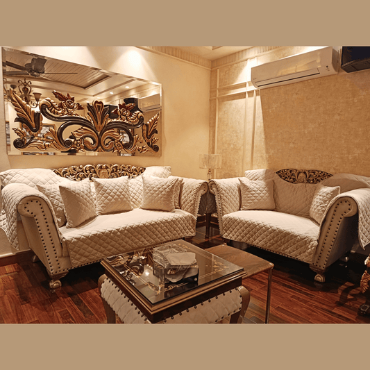 Chinioti style single-seater sofa with blue velvet upholstery showing numbered measurement guide for customized sofa cover cutting including seat depth, arm curve, backrest height, and sofa width