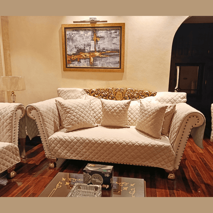 Off-white quilted customized sofa cover on Chinioti style wooden carved sofa with cushions, Trendy Pakistan premium sofa cover for Taj-back sofa