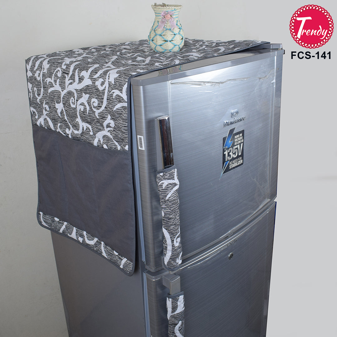 Best Fitted Fridge Top Cover with Side Pockets in Grey Print