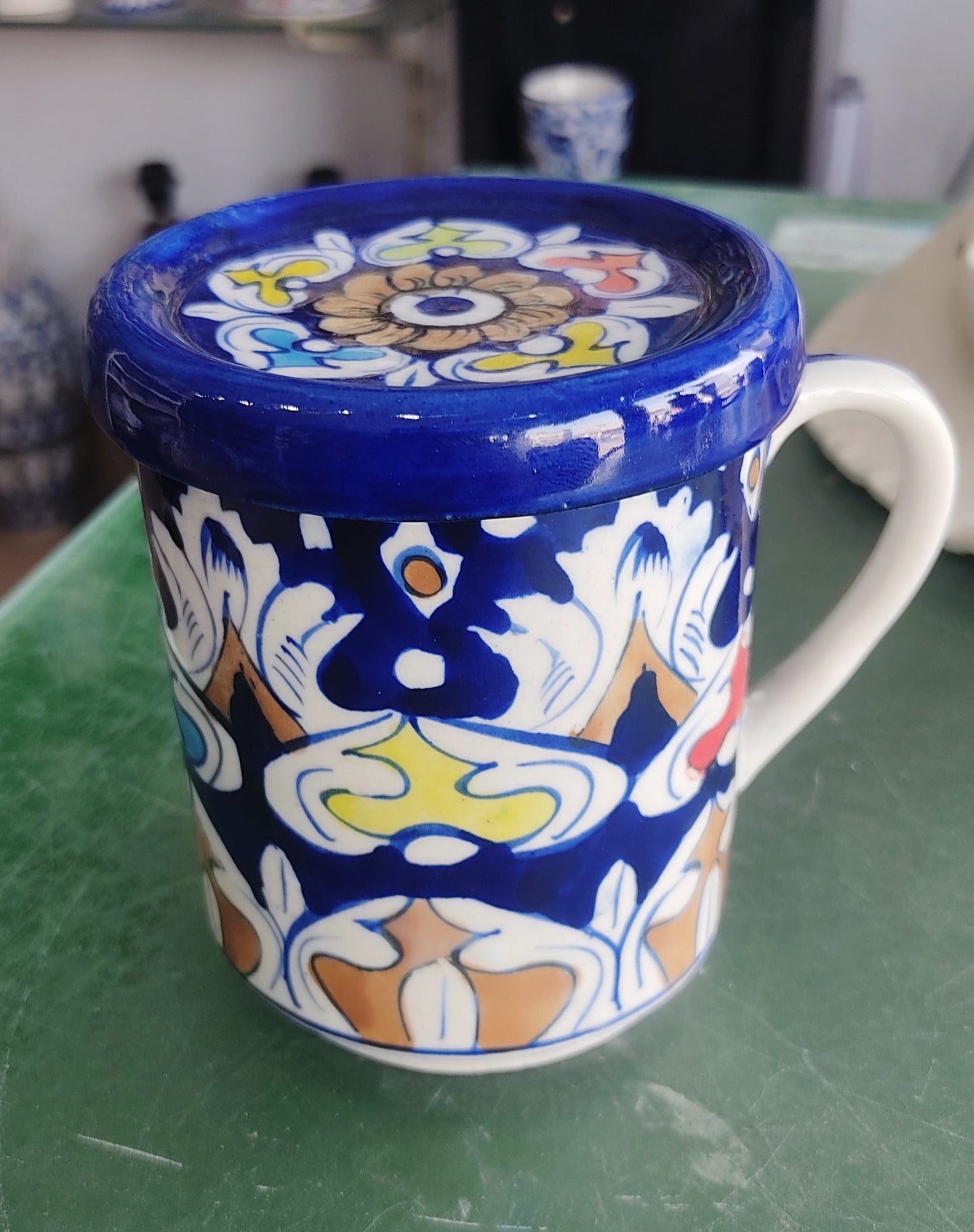 Blue Pottery Tea Cup with Top