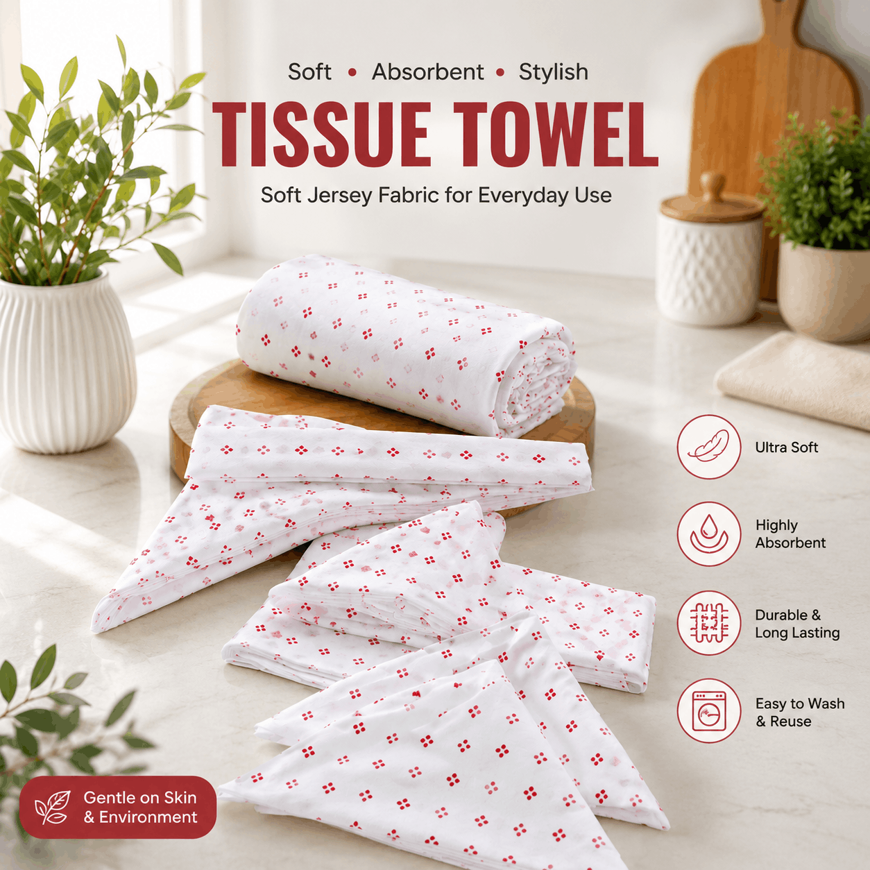 Reusable cotton tissue towel pack made from 100% soft jersey fabric, washable and highly absorbent 8x8 inch tissue towel for home and travel use.
