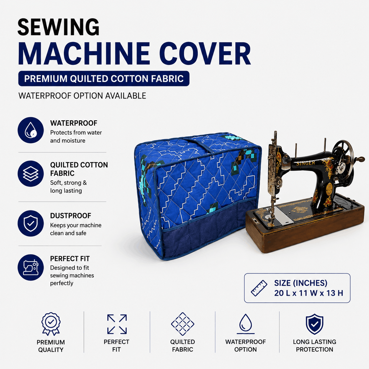Navy blue printed cotton quilted sewing machine cover with side pockets for dust and scratch protection by Trendy Pakistan