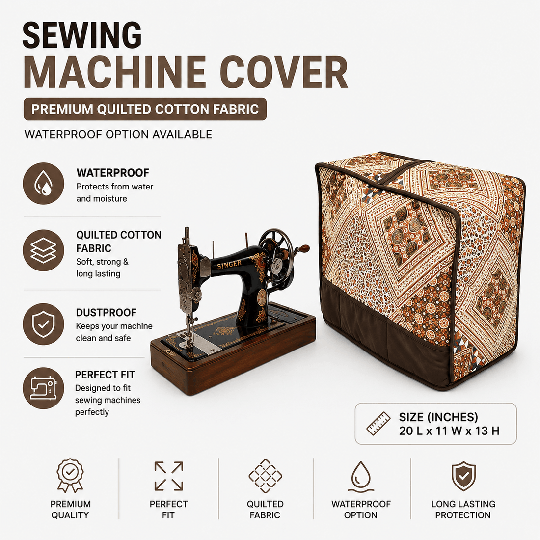 Brown printed cotton quilted sewing machine cover with storage pockets for dust and scratch protection by Trendy Pakistan