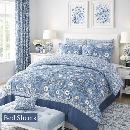 Blue printed 100% Cotton Luxury Printed Flat Bedsheet – Soft, Elegant & Timeless - Trendy Pakistan