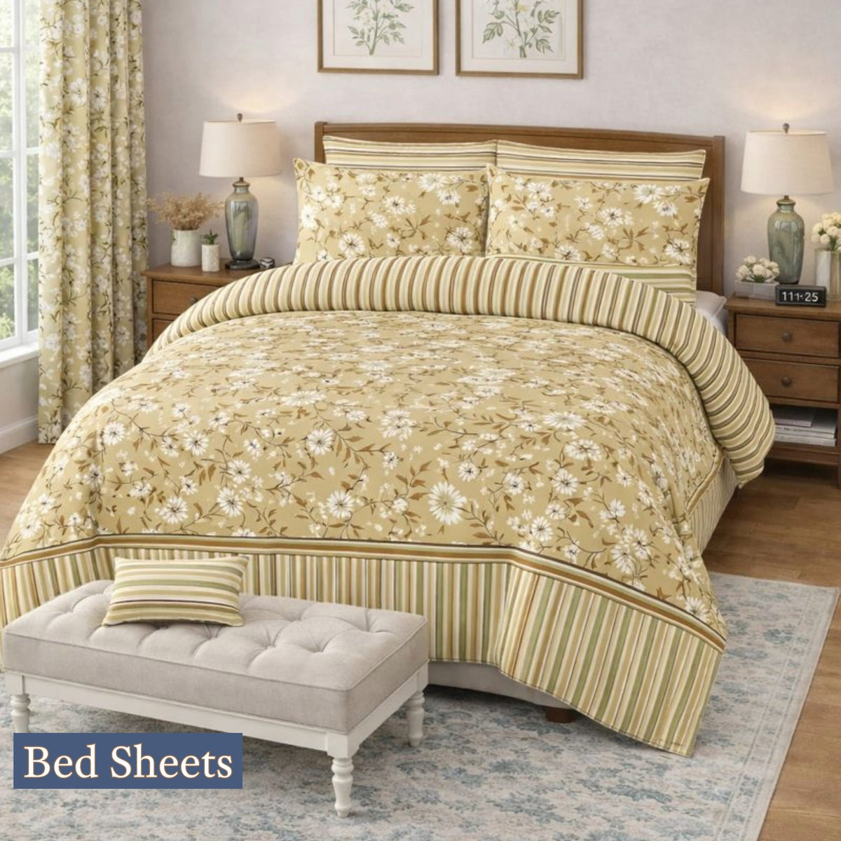 Camel Color Printed 100% Cotton Luxury Printed Flat Bedsheet – Soft, Elegant & Timeless - Trendy Pakistan