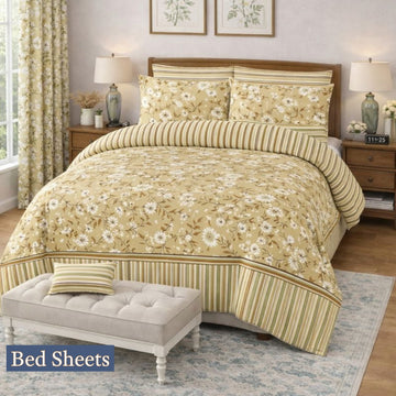 Camel Color Printed 100% Cotton Luxury Printed Flat Bedsheet – Soft, Elegant & Timeless - Trendy Pakistan