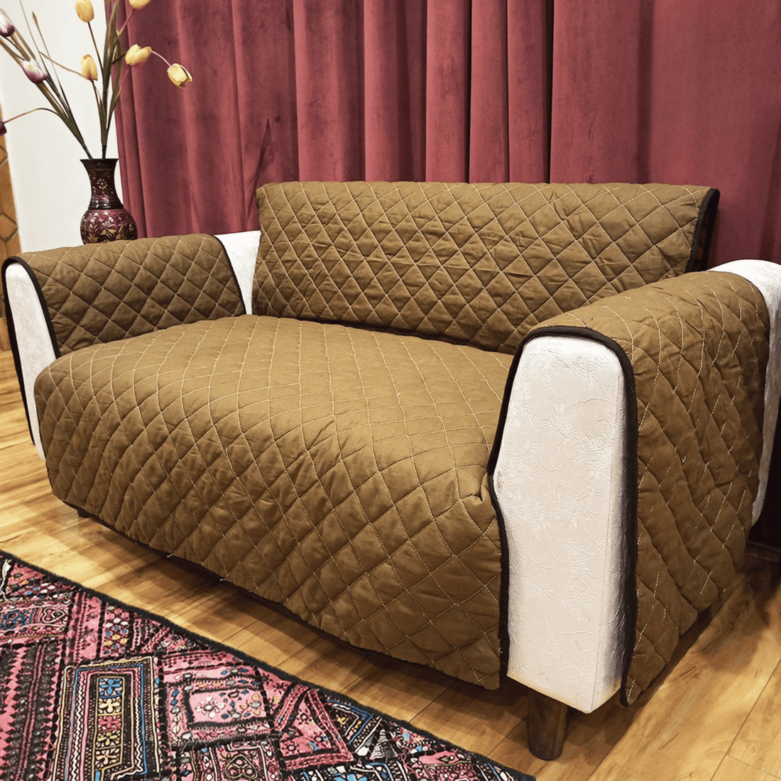 Camel Color Reversible Sofa Cover | Premium Quilted Sofa Protector - Trendy Pakistan