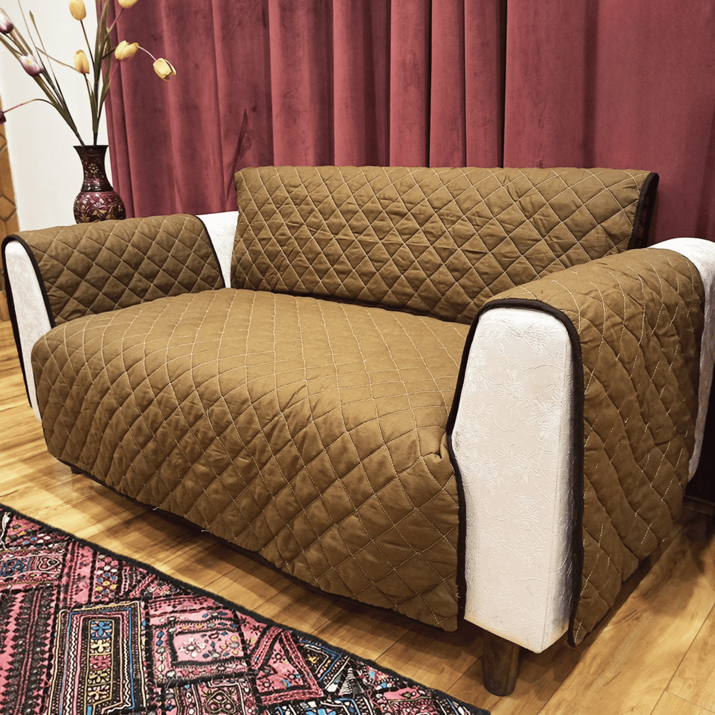 Camel Color Reversible Sofa Cover | Premium Quilted Sofa Protector - Trendy Pakistan