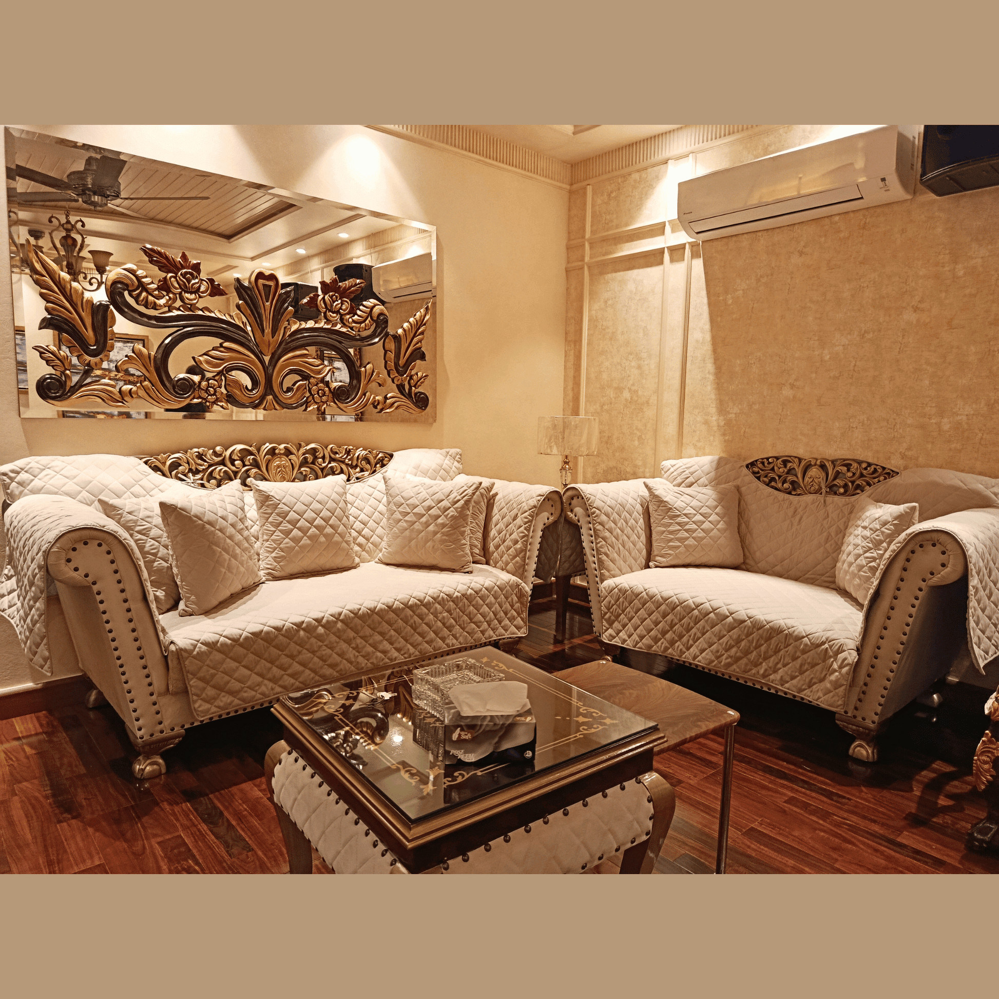 Chinioti Style Customized Sofa Cover | Premium Off-White Quilted Design - Trendy Pakistan