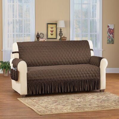 Chocolate Brown Reversible Sofa Cover with Frill & Side Pockets | Premium Quilted Sofa Protector - Trendy Pakistan