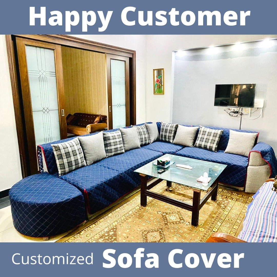 Customized L Shape Sofa Cover – Navy Blue Quilted Sofa Protector for Corner Sofas - Trendy Pakistan