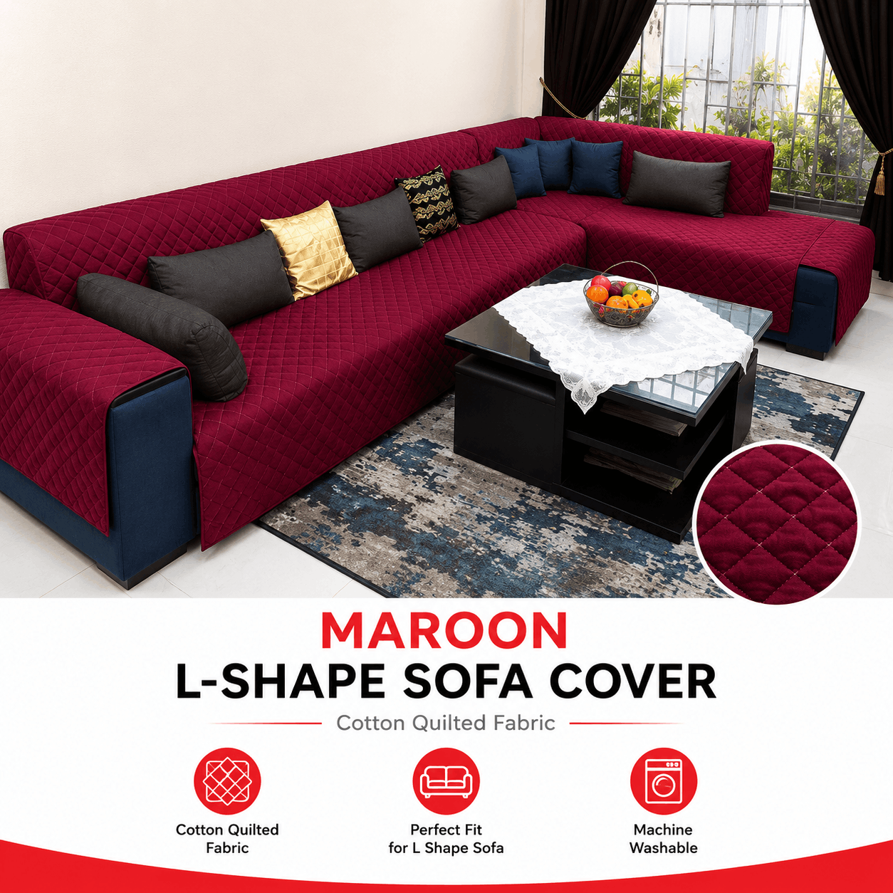 Maroon Cotton Quilted L Shape Sofa Cover | Custom Size Sofa Protector - Trendy Pakistan
