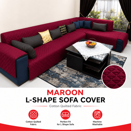 Maroon Cotton Quilted L Shape Sofa Cover | Custom Size Sofa Protector - Trendy Pakistan