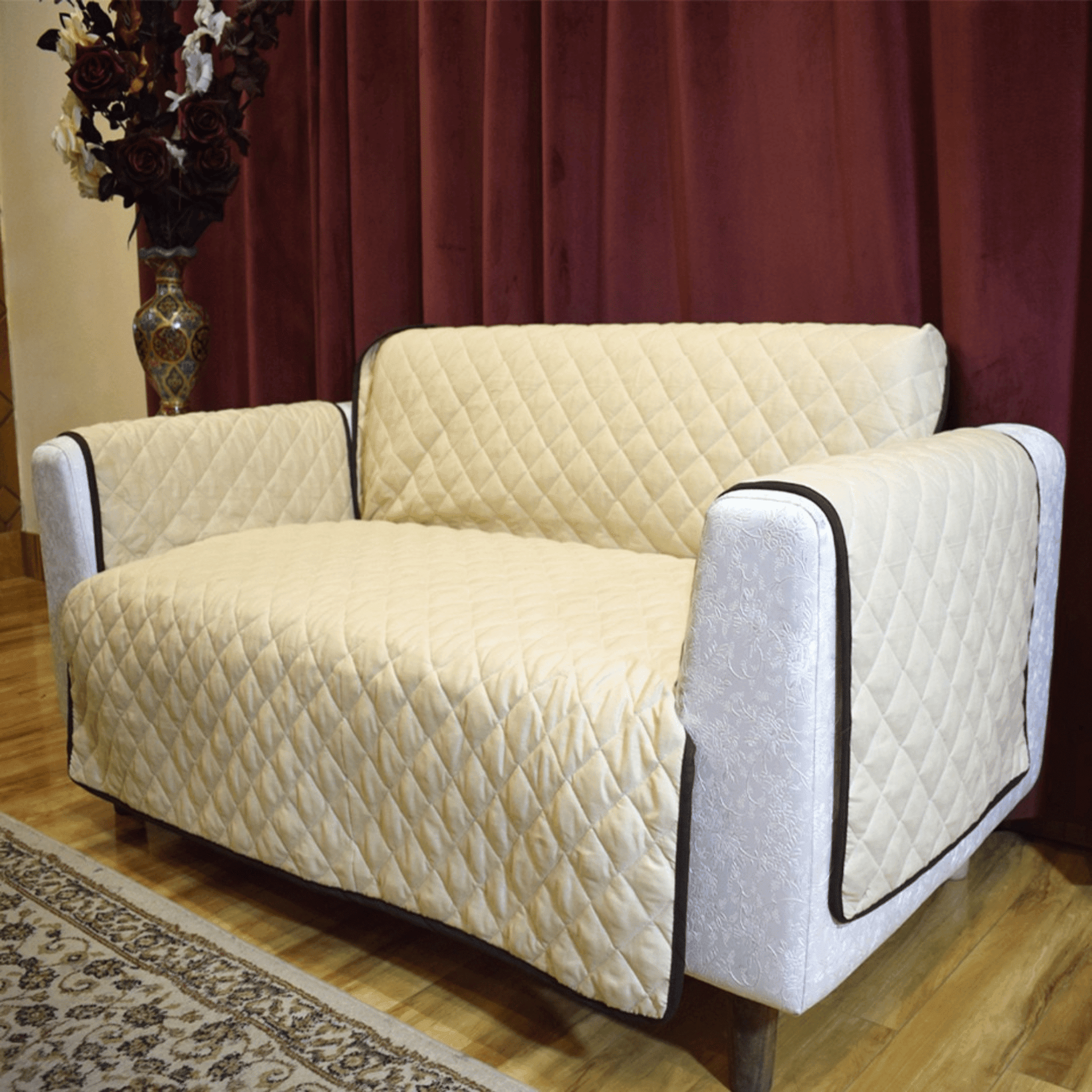 Off White Reversible Quilted Sofa Cover | Cotton Sofa Protector - Trendy Pakistan