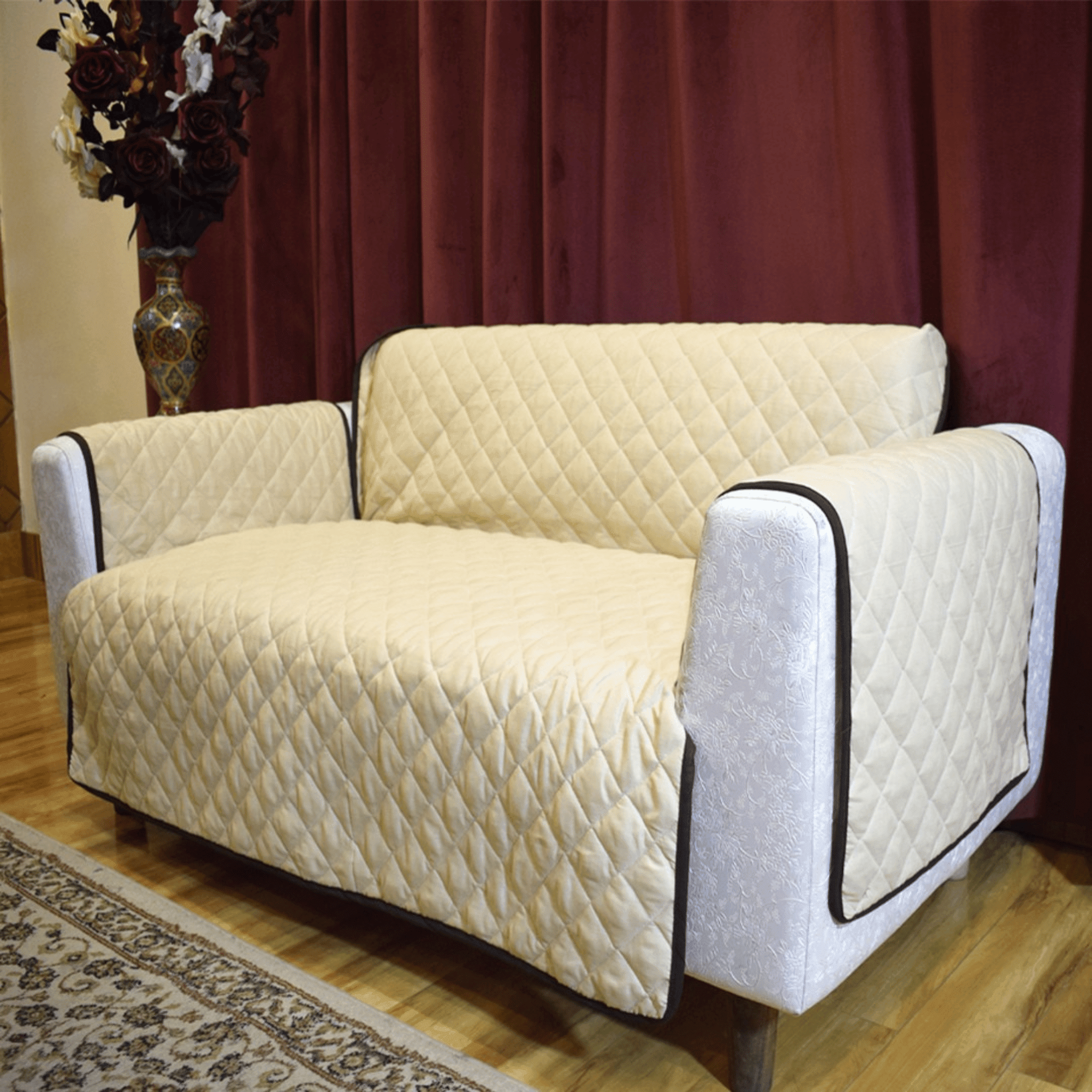 Off White Reversible Quilted Sofa Cover | Cotton Sofa Protector - Trendy Pakistan