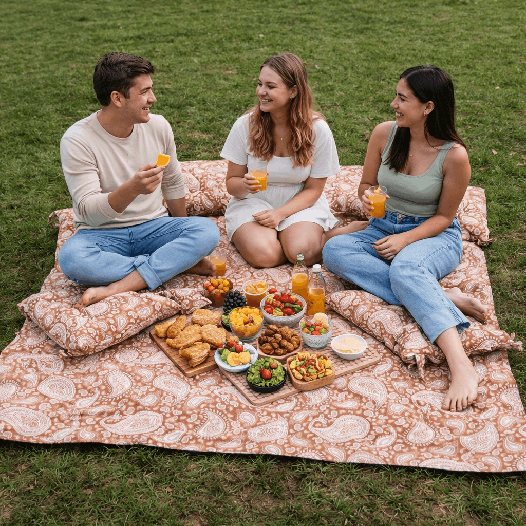 Outoor Picnic Mat with Floor Cushion | Fluffy Thick Fabric Picnic Mat | Dinning Matts - Trendy Pakistan