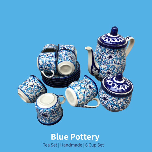 Breeze Blue Traditional Hand-Painted Ceramic Tea Set – 6 Person Serving | Multani Handcrafted Tea Set