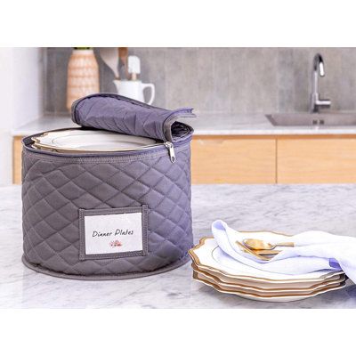 Dinnerware Storage Plate Container with Lid – Holds Service for 12, Includes Felt Protectors, 12" x 6.25" Dish Organizer