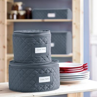 Dinnerware Storage Plate Container with Lid – Holds Service for 12, Includes Felt Protectors, 12" x 6.25" Dish Organizer
