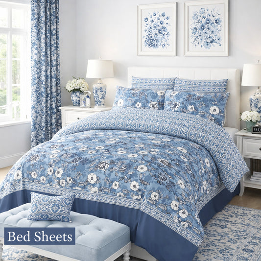 Blue printed 100% Cotton Luxury Printed Flat Bedsheet – Soft, Elegant & Timeless