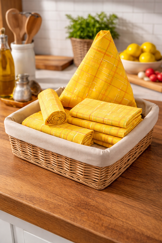 Premium Woven Cotton Yellow Kitchen Dish Towels – 21 x 28" (Set of 4) | Absorbent, Durable & Export Quality