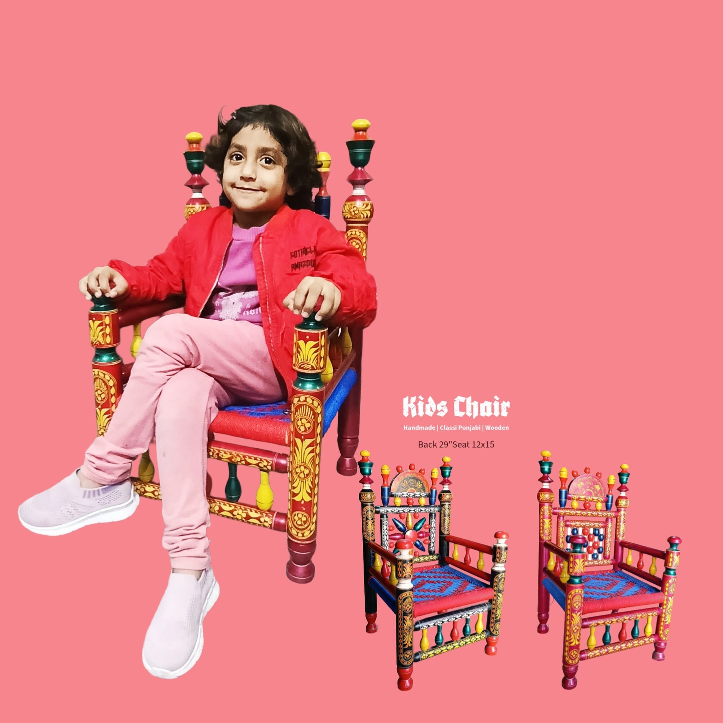 Punjabi Rangeen Kids Chair – Handmade Sheesham Wood | Multicolor Traditional Pehri