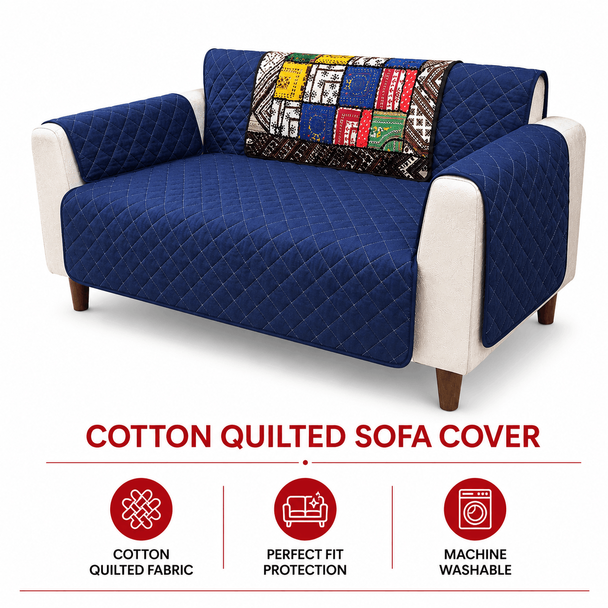 Sofa Cover Online in Pakistan Quilted Reversible Couch Cover with Sindhi patch - Trendy Pakistan