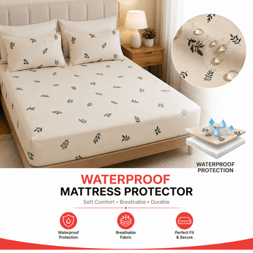 Waterproof Mattress Protector – Botanical Cream Design | Soft Breathable Mattress Cover - Trendy Pakistan