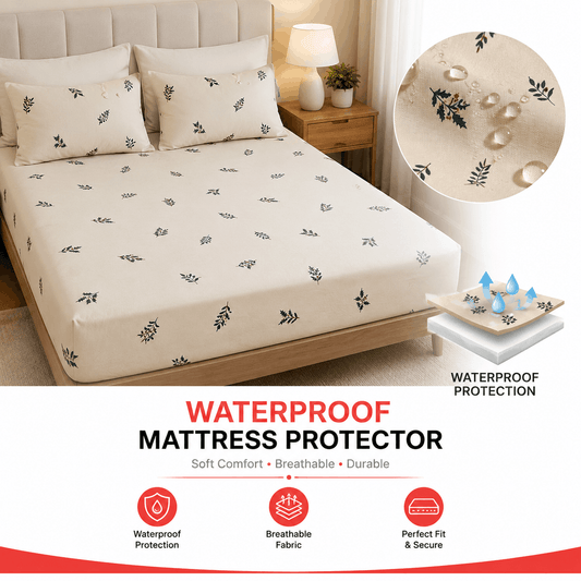 Waterproof Mattress Protector – Botanical Cream Design | Soft Breathable Mattress Cover - Trendy Pakistan