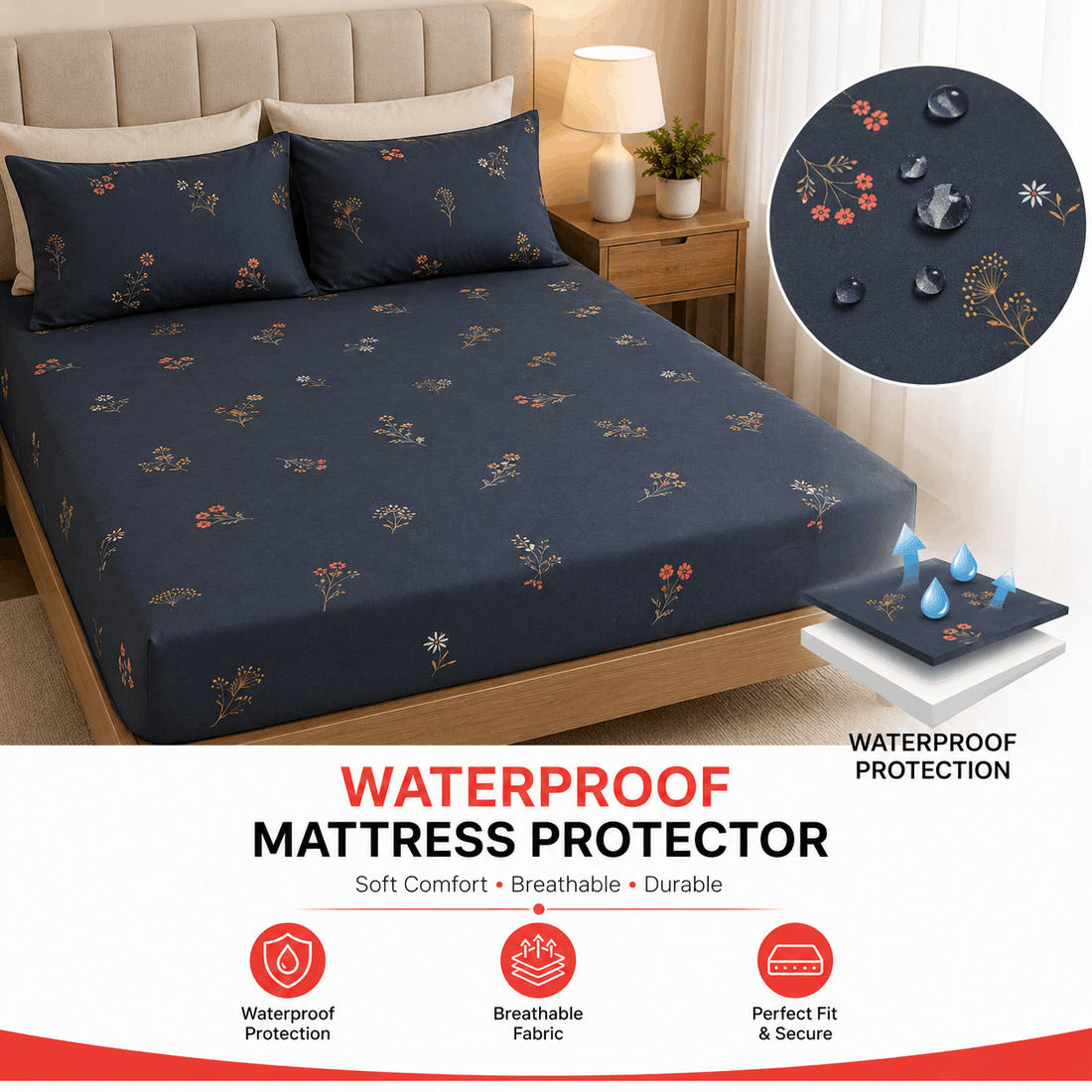 Waterproof Mattress Protector – Elegant Rose Design | Floral Mattress Cover - Trendy Pakistan