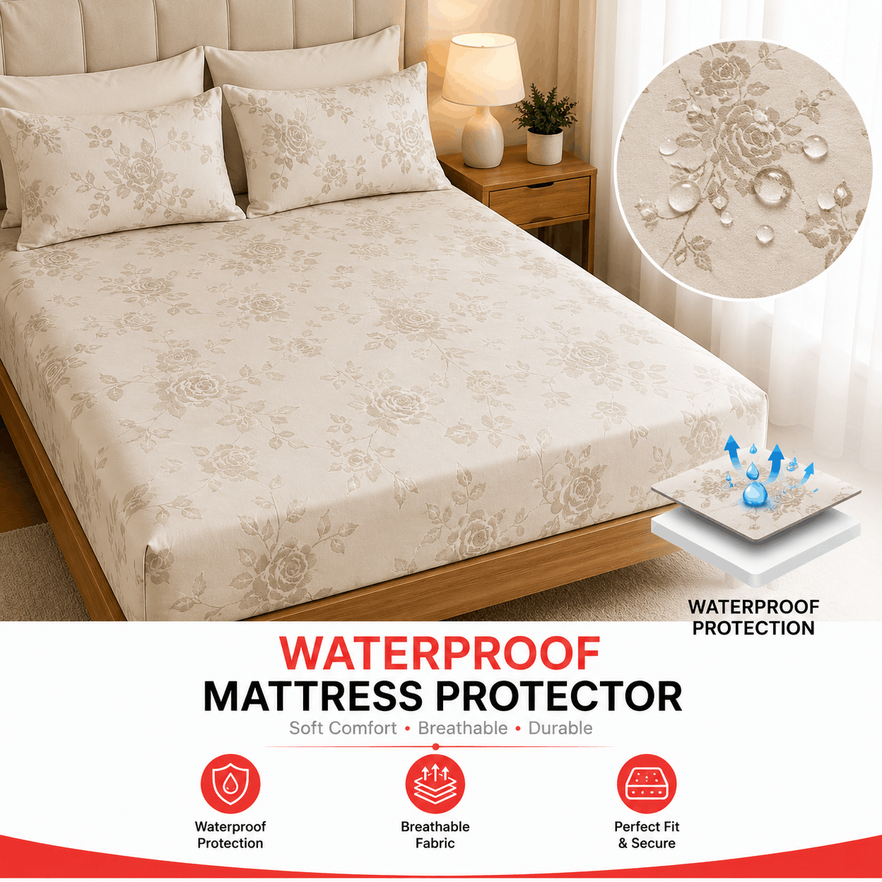 Waterproof Mattress Protector – Elegant Rose Design | Floral Mattress Cover - Trendy Pakistan