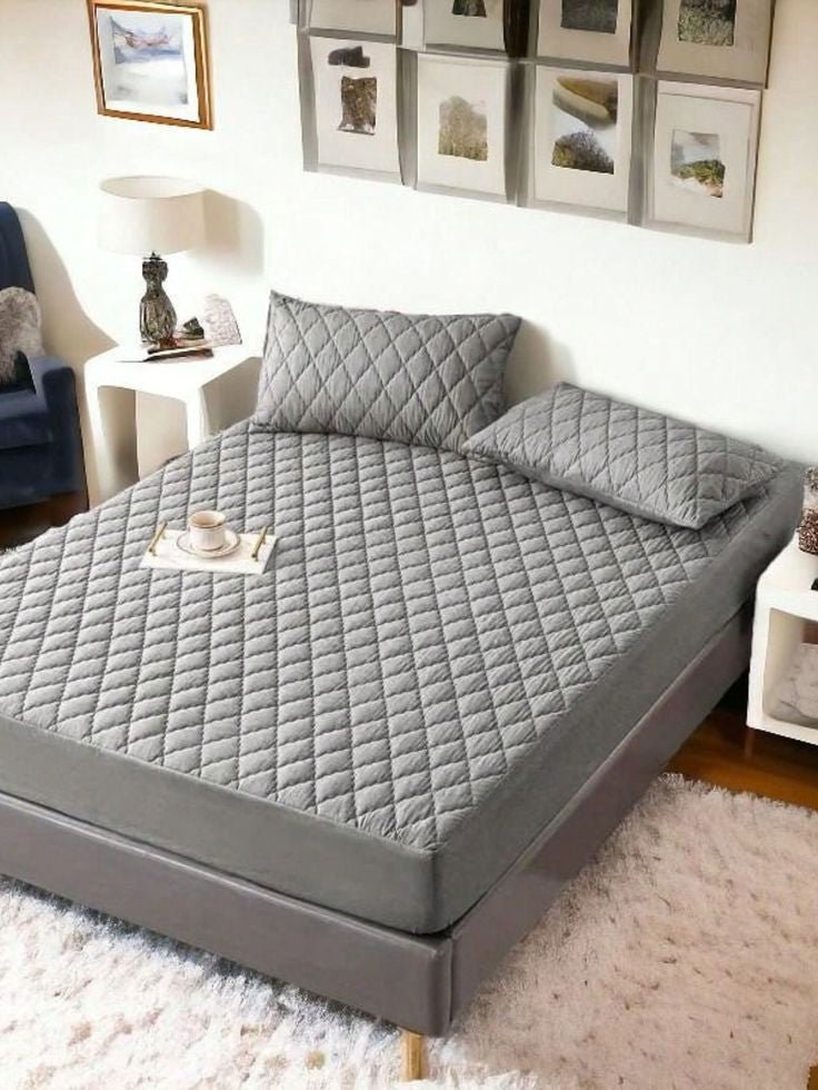 Waterproof Quilted Mattress Protector Grey – Cotton Fabric - Trendy Pakistan