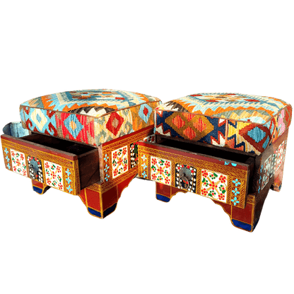 Ottoman Set with kilim fitting With Drawer Handmade Furniture