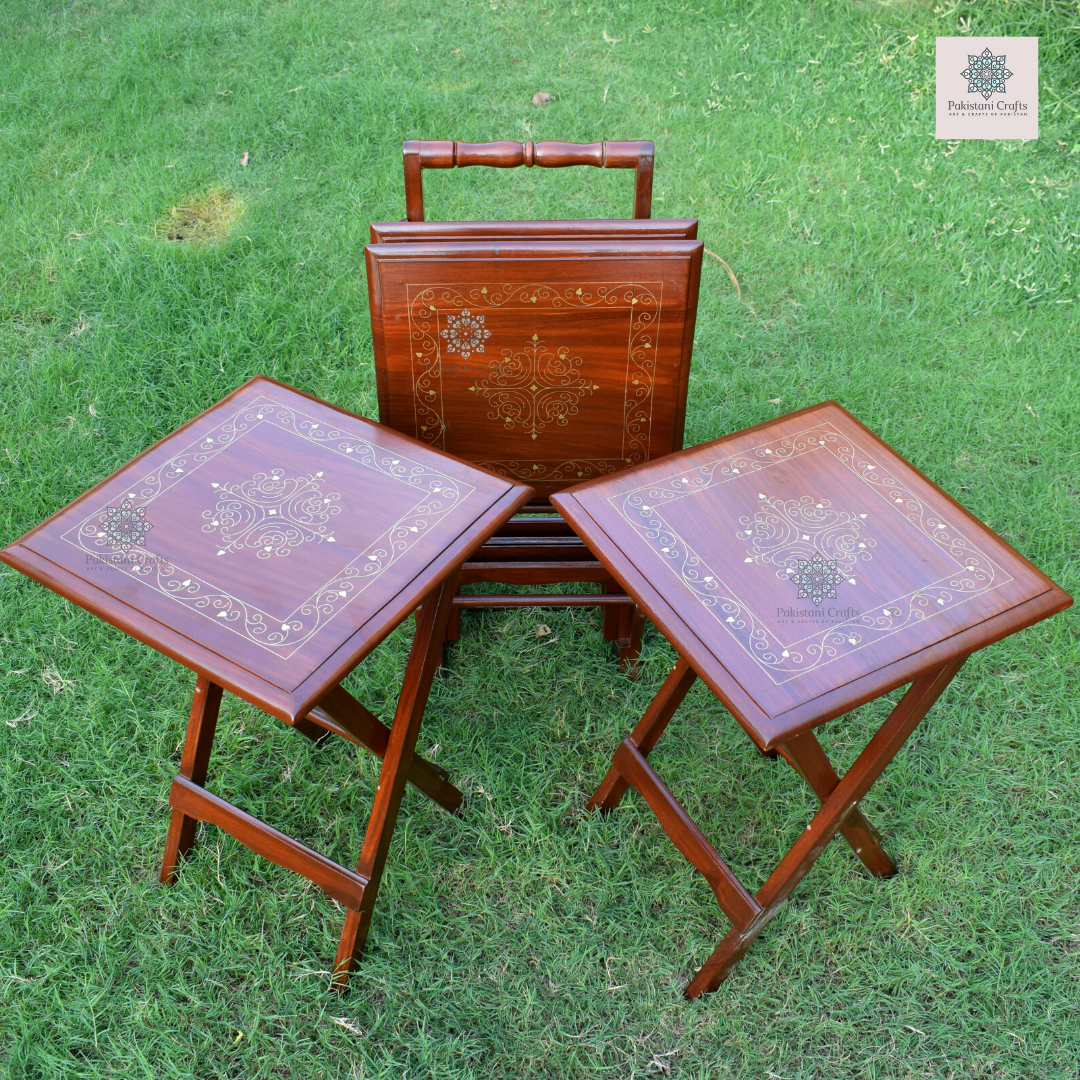 Handmade Picnic Table Set Of 4 Pure Sheesham Wood With Brass Inlay