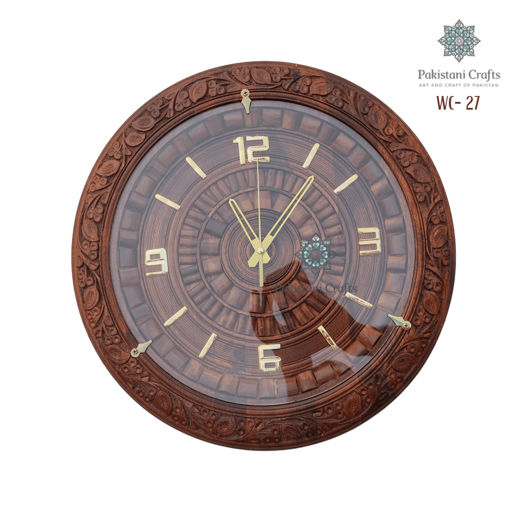 Wooden Round Wall Clock Traditional Carving Style