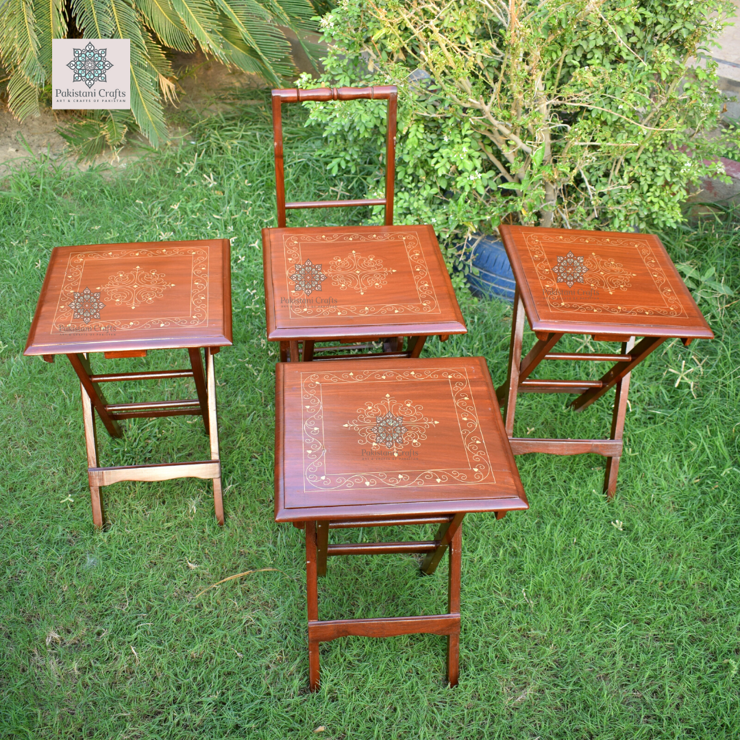 Handmade Picnic Table Set Of 4 Pure Sheesham Wood With Brass Inlay