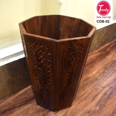 Wooden Dustbin With Man Crafted Carving Work CDB-02 - Trendy Pakistan
